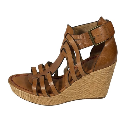 Trask Brown Saddle Leather Strappy Burlap Platform Heel Wedge Sandal Sz 9 - Picture 3 of 10